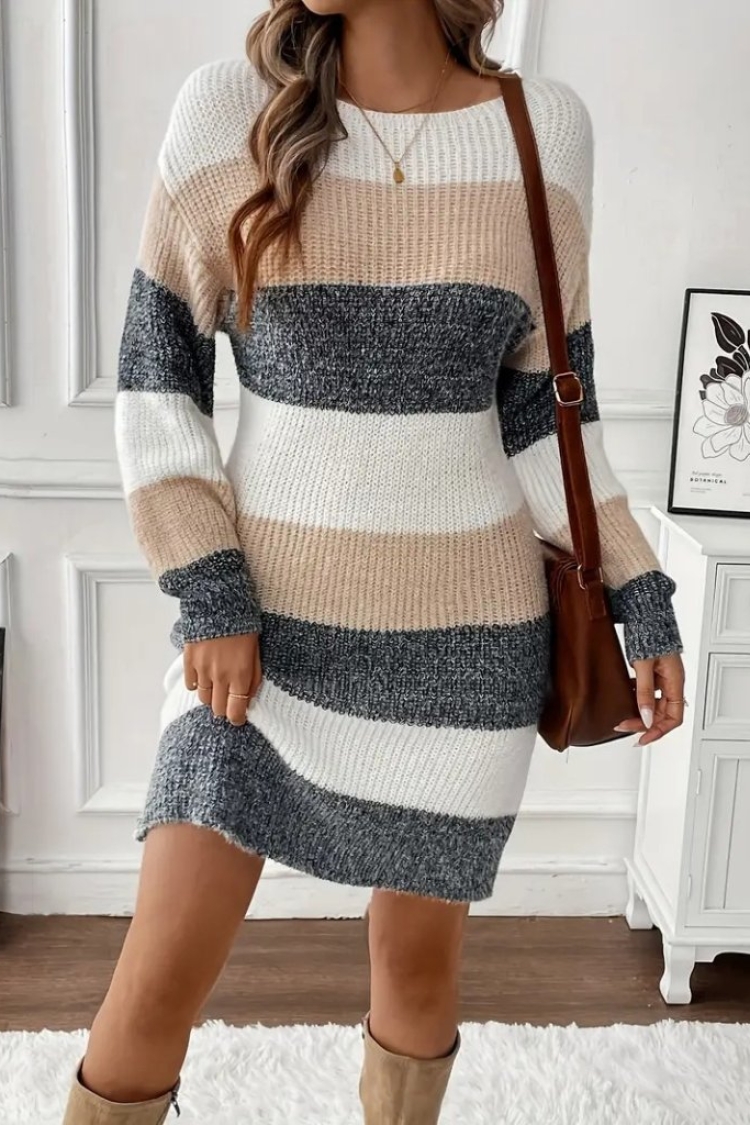 Women's Long Sleeve Round Neck Striped Multicolor Knitwear Dress - Mix Color - Janes - Globality Store - Women Clothes Wholesale Turkey
