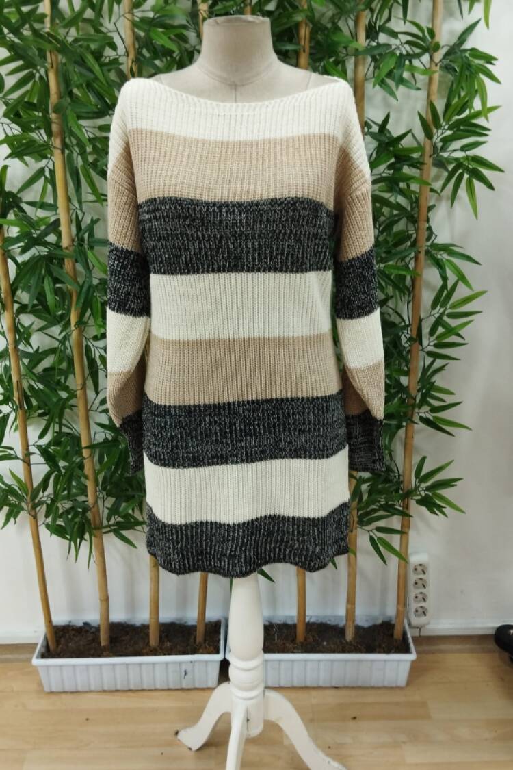 Women's Long Sleeve Round Neck Striped Multicolor Knitwear Dress - Mix Color