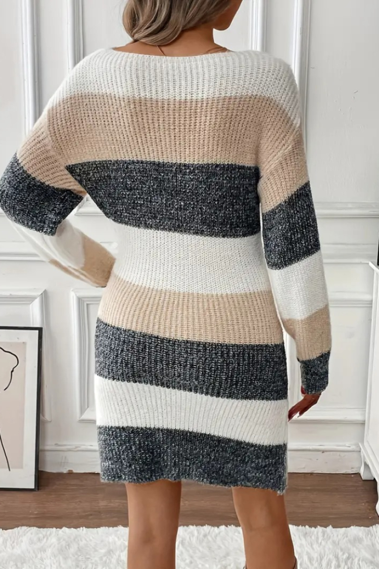Women's Long Sleeve Round Neck Striped Multicolor Knitwear Dress - Mix Color