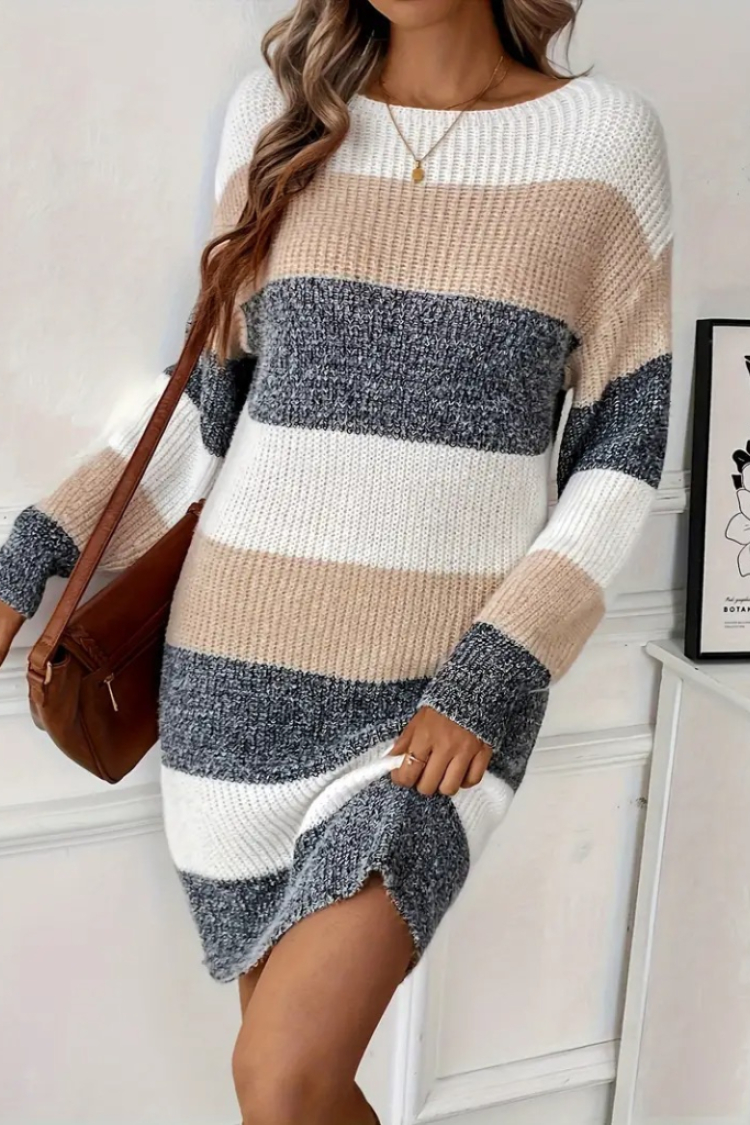 Women's Long Sleeve Round Neck Striped Multicolor Knitwear Dress - Mix Color