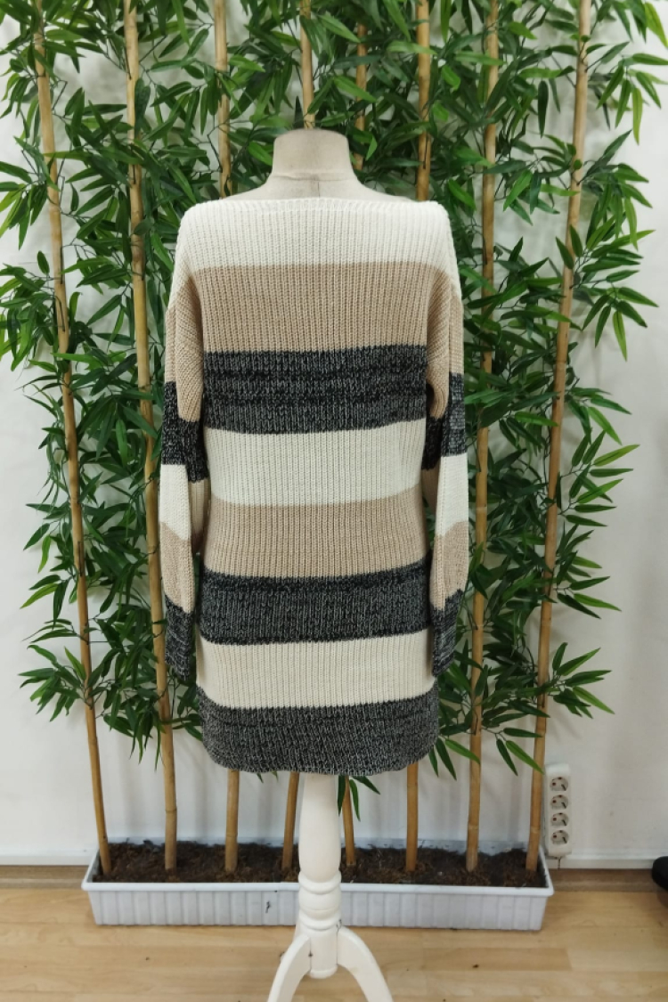 Women's Long Sleeve Round Neck Striped Multicolor Knitwear Dress - Mix Color