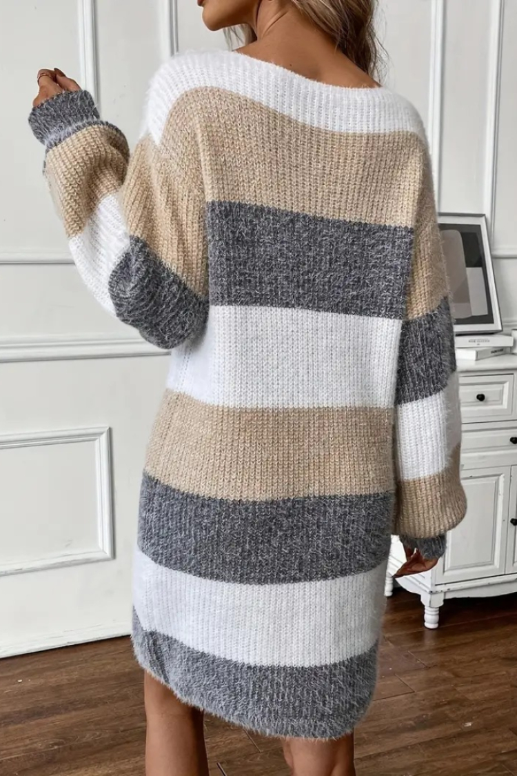 Women's Long Sleeve Round Neck Striped Multicolor Knitwear Dress - Mix Color