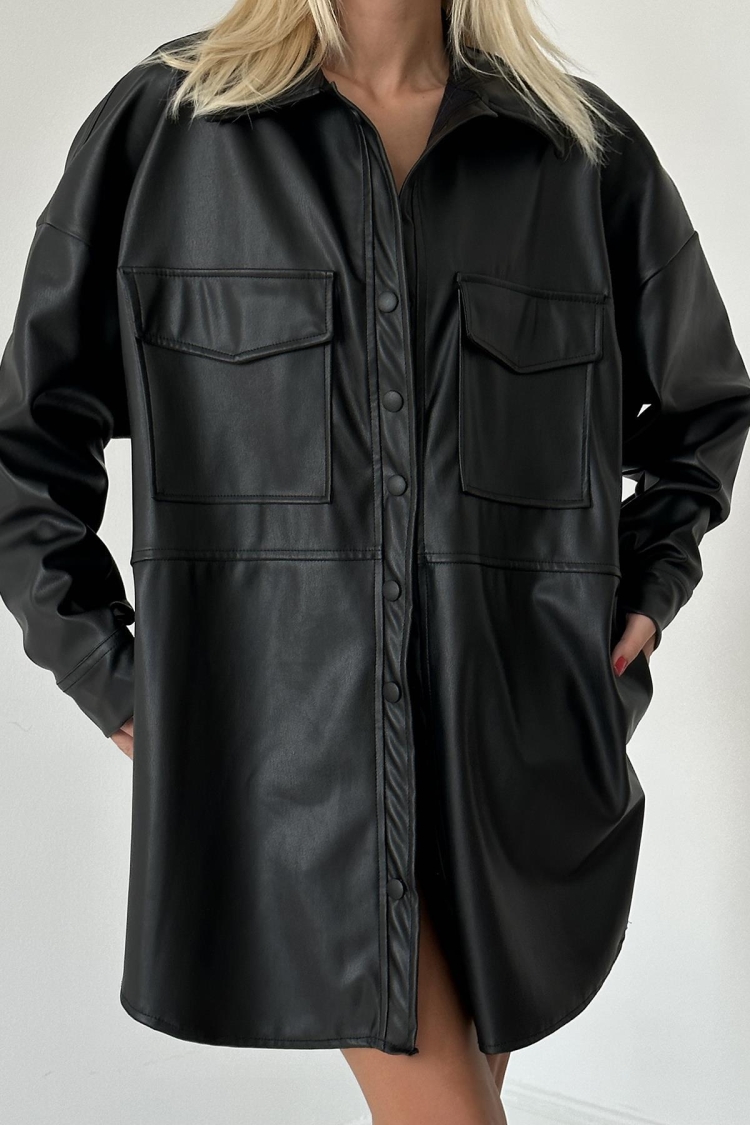 Leather Jacket With Snap Closure Pockets