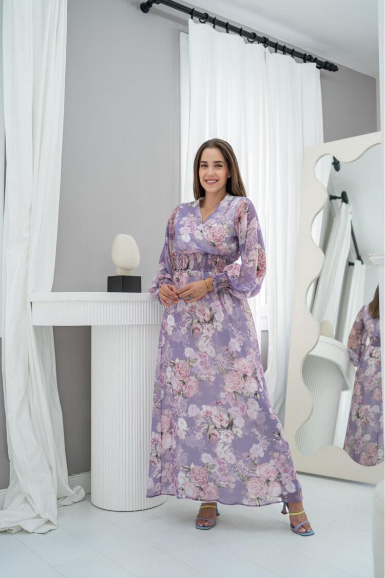 Gimped Chiffon Dress - Lilac - Elisa - Globality Store - Women Clothes Wholesale Turkey