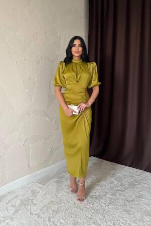 Gathered Satin Dress - Oil - Elisa - Globality Store - Women Clothes Wholesale Turkey