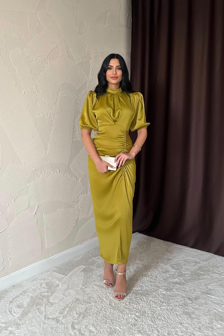 Gathered Satin Dress - Oil