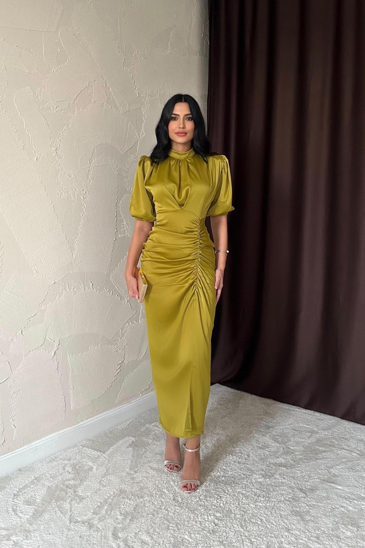 Gathered Satin Dress - Oil