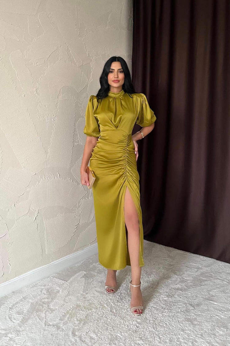 Gathered Satin Dress - Oil