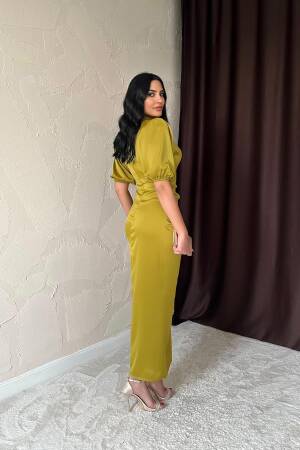 Gathered Satin Dress - Oil - Elisa - Globality Store - Women Clothes Wholesale Turkey