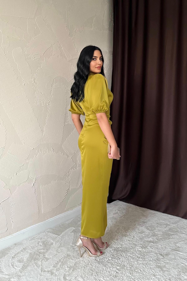 Gathered Satin Dress - Oil