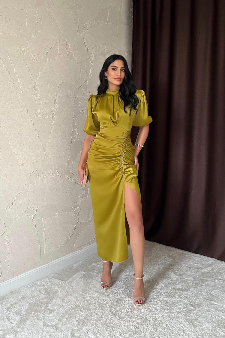 Gathered Satin Dress - Oil