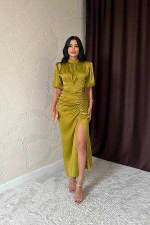 Gathered Satin Dress - Oil - Elisa - Globality Store - Women Clothes Wholesale Turkey