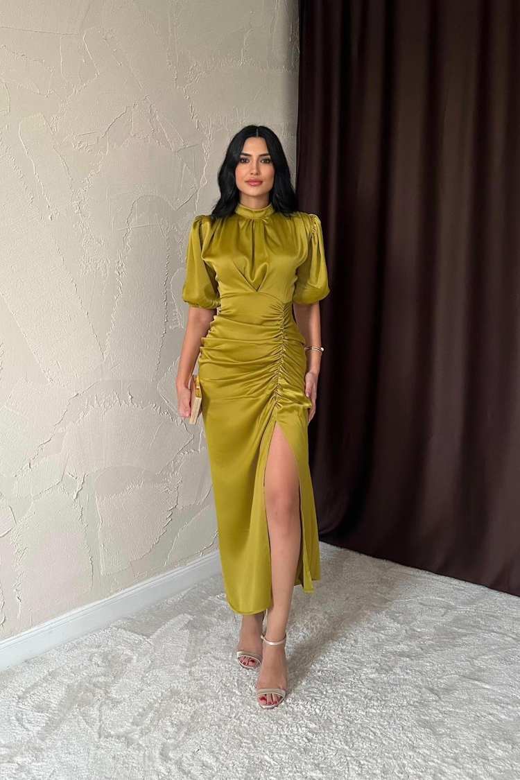 Gathered Satin Dress - Oil - Elisa - Globality Store - Women Clothes Wholesale Turkey