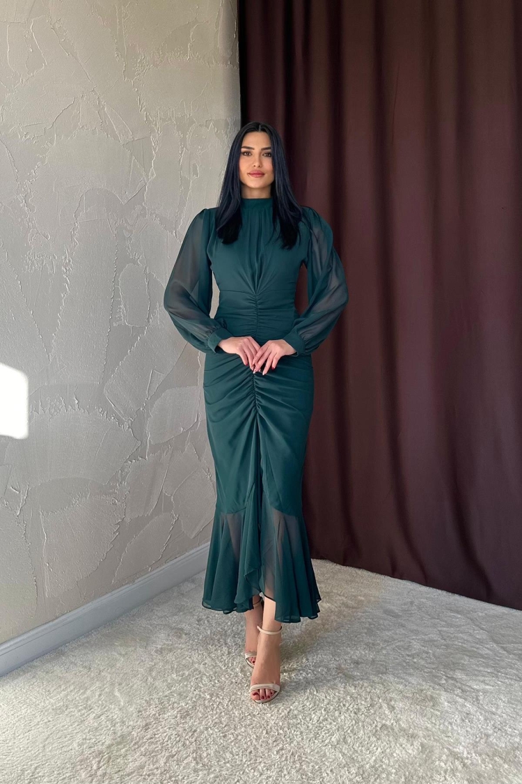 Gathered Front Chiffon Dress - Elisa - Globality Store - Women Clothes Wholesale Turkey