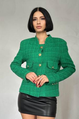 Gold Buttoned Tweed Jacket - Green - Elisa - Globality Store - Women Clothes Wholesale Turkey