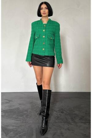 Gold Buttoned Tweed Jacket - Green - Elisa - Globality Store - Women Clothes Wholesale Turkey