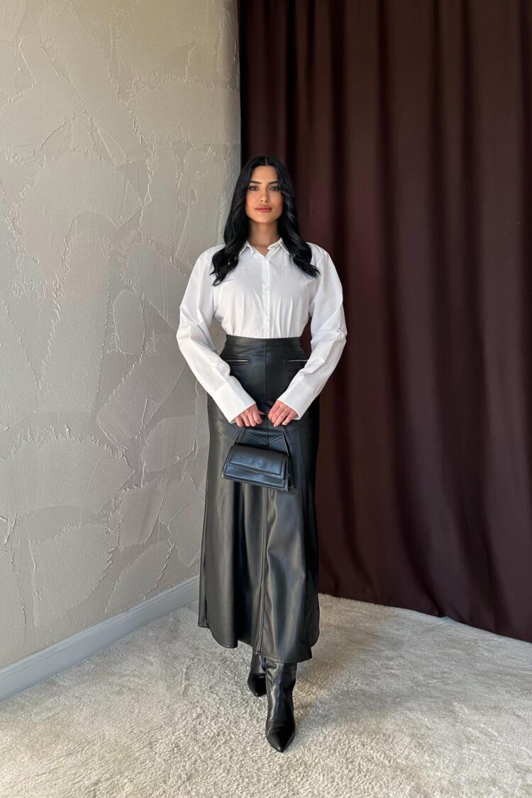 Zipper Detailed Leather Skirt - Black