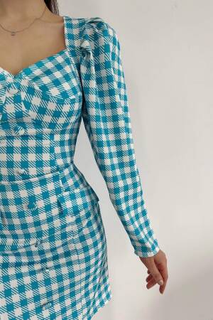 Checked Breast Cup Dress - Blue - Elisa - Globality Store - Women Clothes Wholesale Turkey