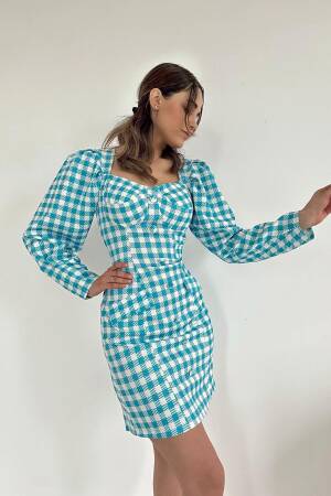 Checked Breast Cup Dress - Blue - Elisa - Globality Store - Women Clothes Wholesale Turkey