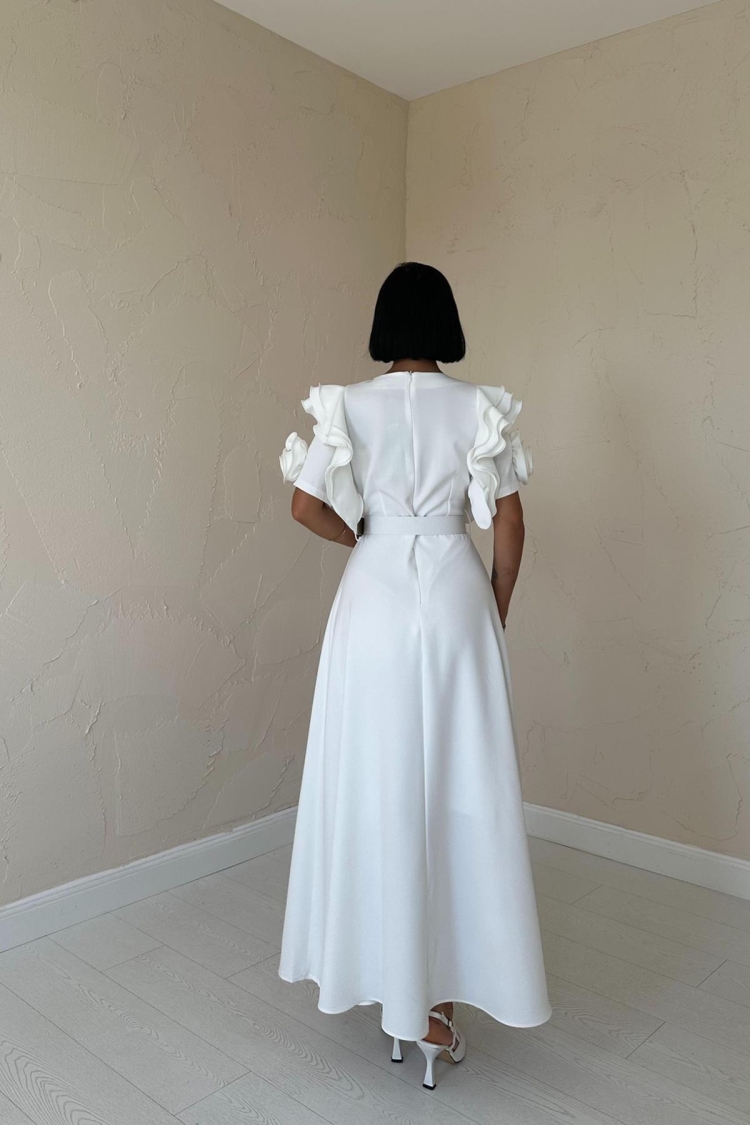 Belted Dress With Flounce Sleeves