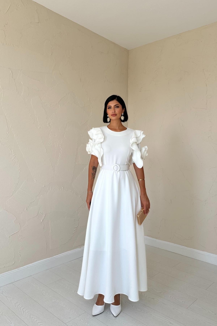 Belted Dress With Flounce Sleeves - Elisa - Globality Store - Women Clothes Wholesale Turkey