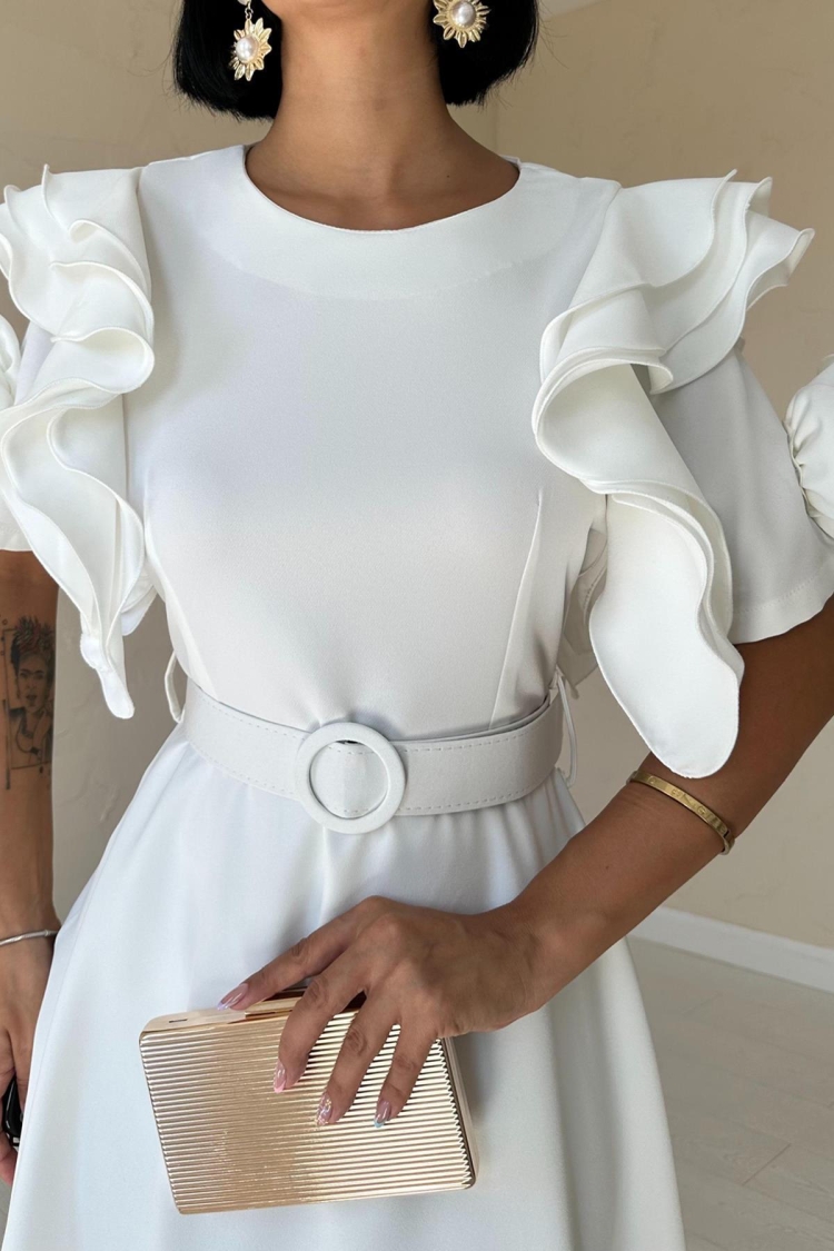 Belted Dress With Flounce Sleeves