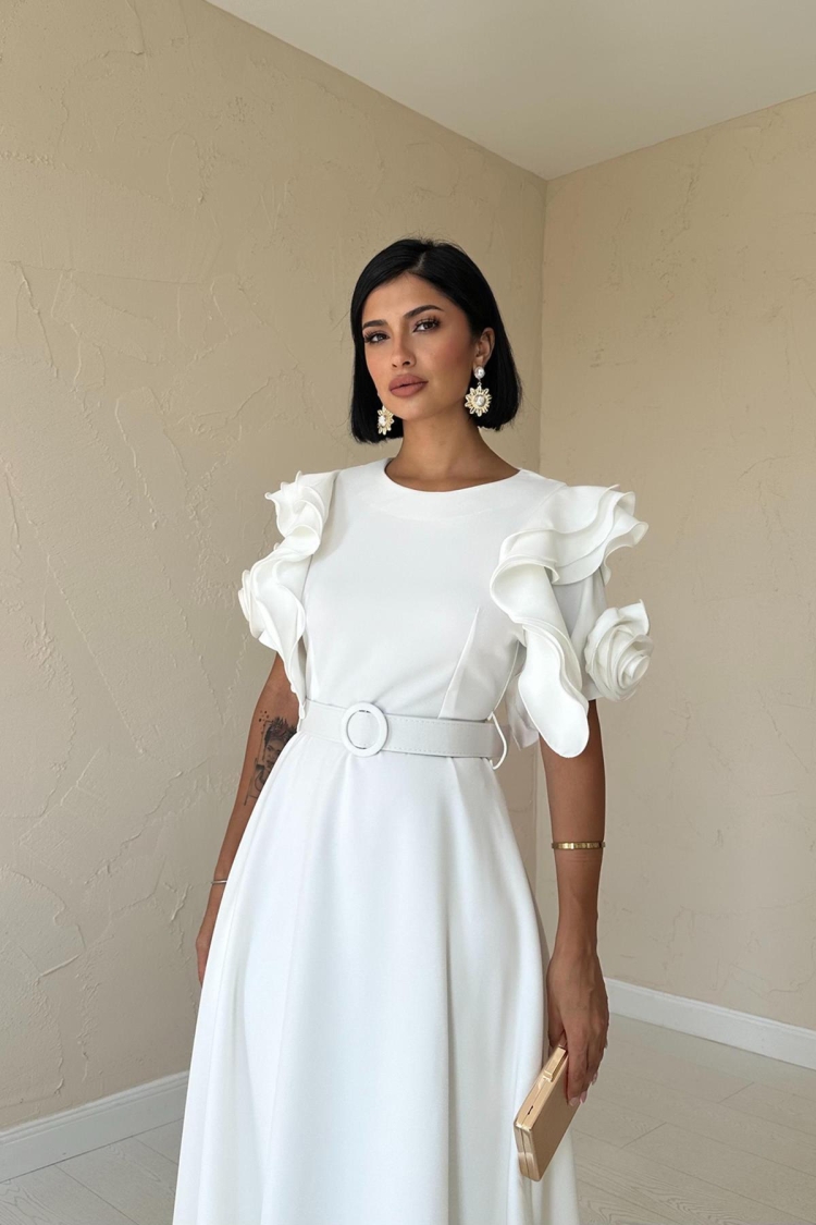 Belted Dress With Flounce Sleeves
