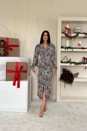 Front Slit V Neck Dress - Leopard - Elisa - Globality Store - Women Clothes Wholesale Turkey