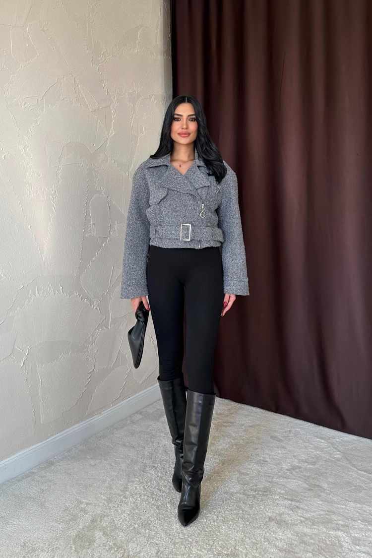 Eyelet Cachet Coat - Gray - Elisa - Globality Store - Women Clothes Wholesale Turkey