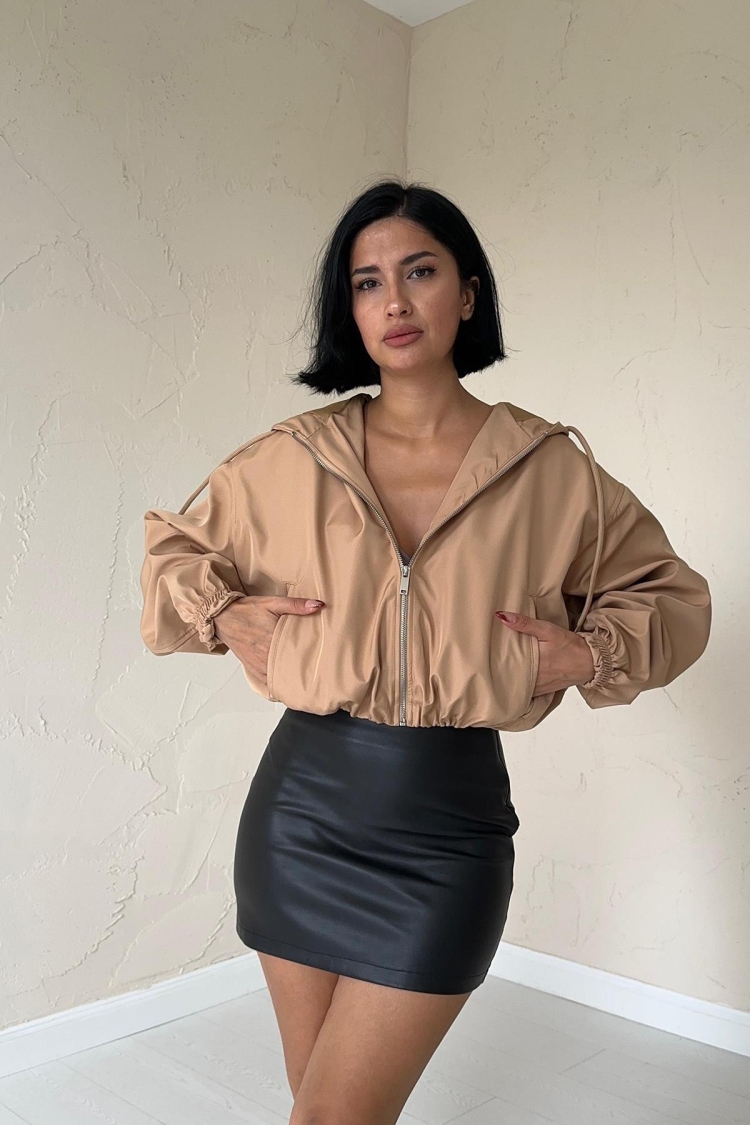 Short Zipper Bomber Jacket - Mink - Elisa - Globality Store - Women Clothes Wholesale Turkey