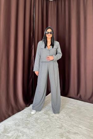 Striped Hooded Jacket - Grey - Elisa - Globality Store - Women Clothes Wholesale Turkey