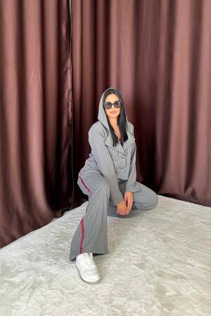 Striped Hooded Jacket - Grey - Elisa - Globality Store - Women Clothes Wholesale Turkey