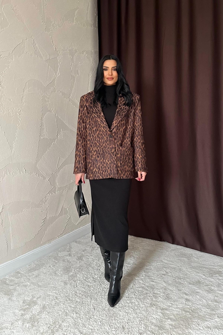 Fur Collar Patterned Jacket - Leopard - Elisa - Globality Store - Women Clothes Wholesale Turkey