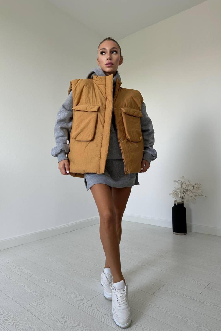 Pocket Puffer Vest - Camel - Elisa - Globality Store - Women Clothes Wholesale Turkey