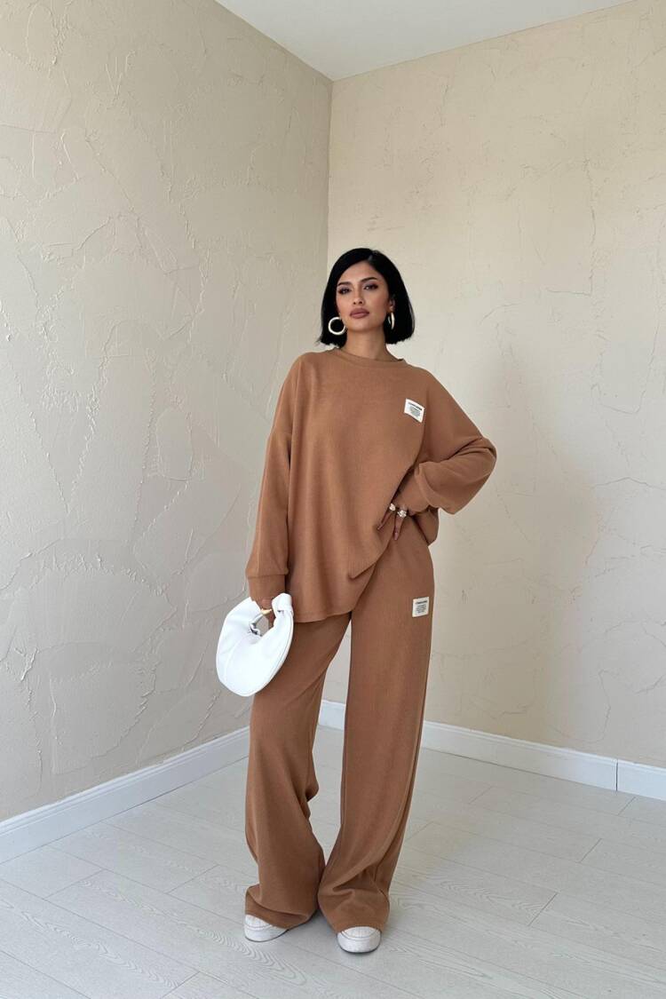 Classic Ribbed Sweater And Trouser Set - Camel - Elisa - Globality Store - Women Clothes Wholesale Turkey