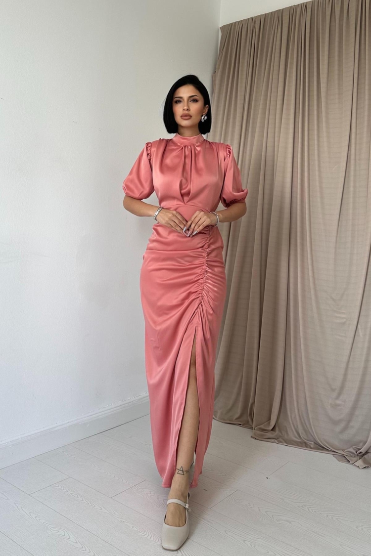 Pleated Satin Dress - Powder - Elisa - Globality Store - Women Clothes Wholesale Turkey
