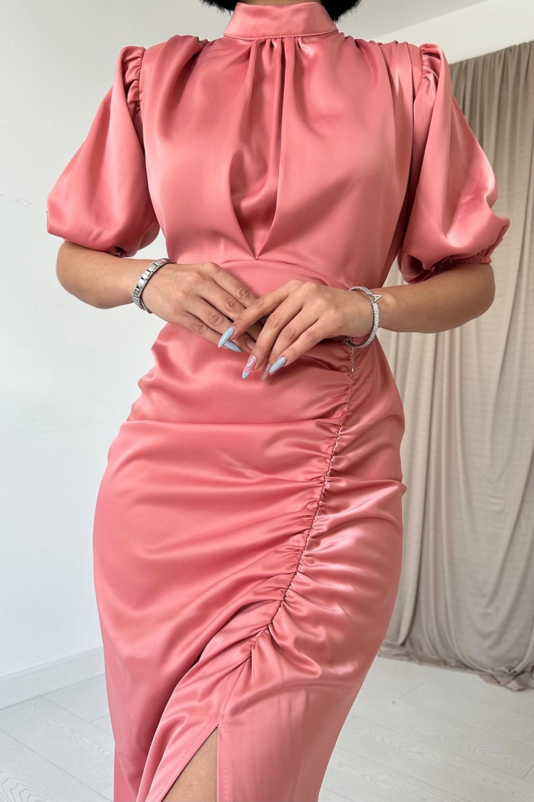 Pleated Satin Dress - Powder