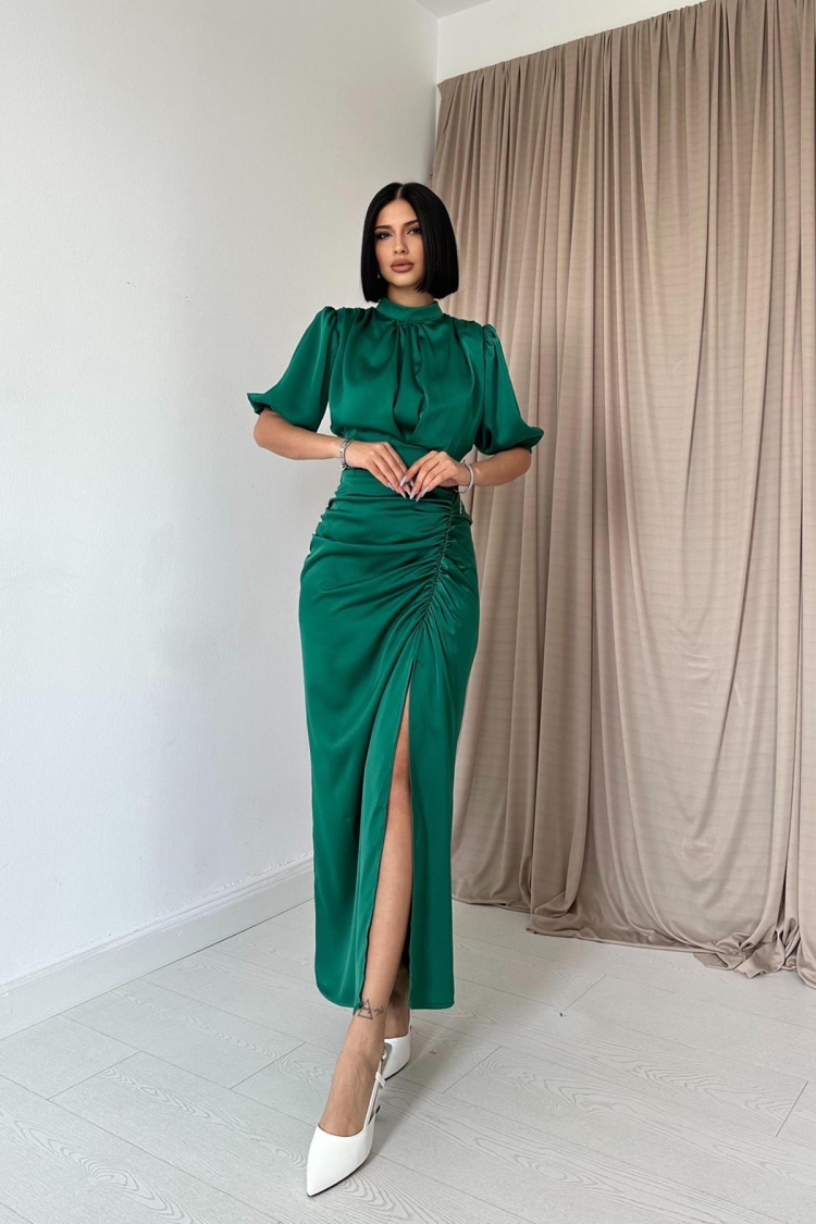 Pleated Satin Dress - Petrol - Elisa - Globality Store - Women Clothes Wholesale Turkey