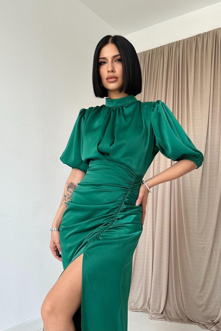 Pleated Satin Dress - Petrol