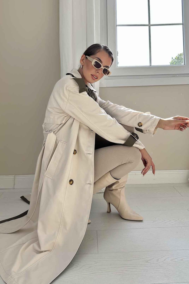 Striped Back And Belted Trench Coat -& Khaki