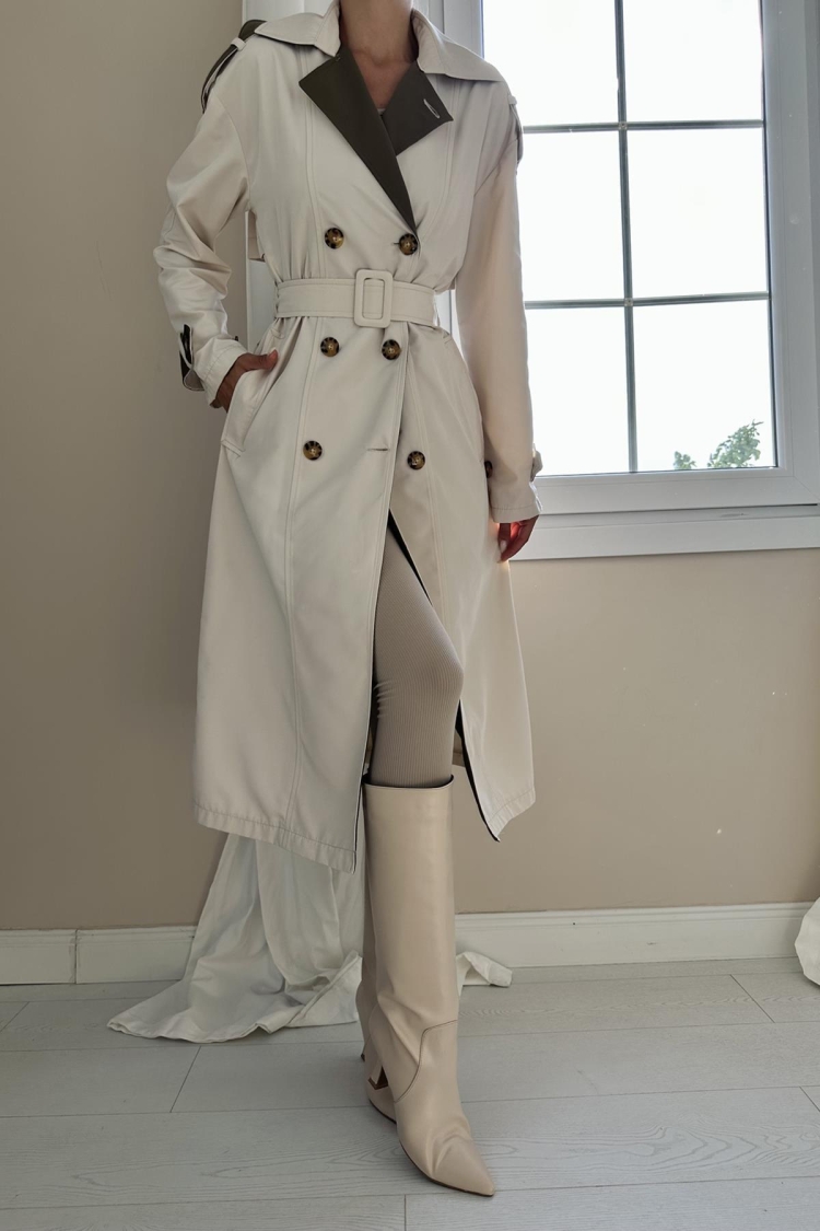 Striped Back And Belted Trench Coat -& Khaki