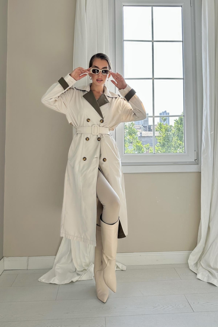 Striped Back And Belted Trench Coat -& Khaki - Elisa - Globality Store - Women Clothes Wholesale Turkey