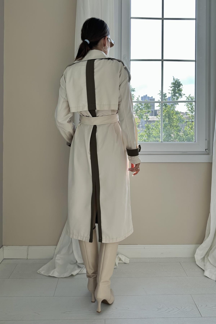 Striped Back And Belted Trench Coat -& Khaki