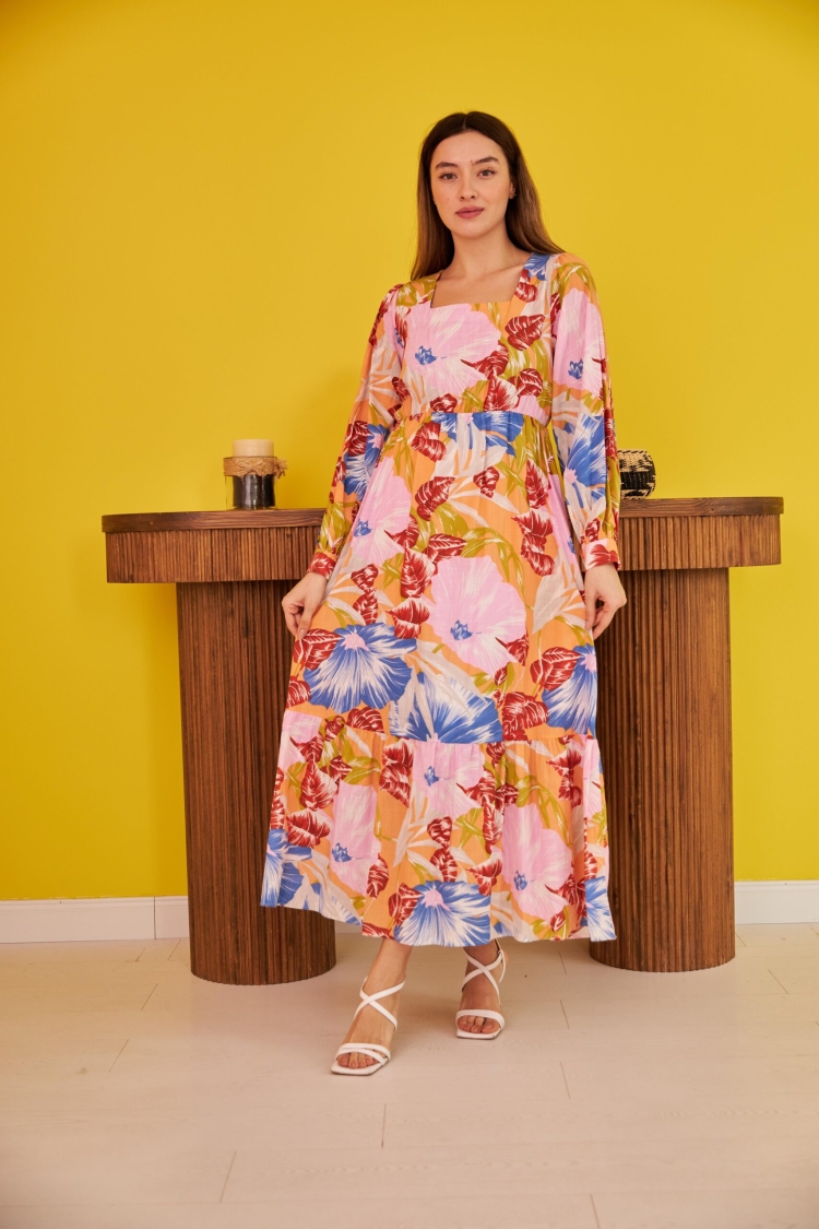 Patterned Linen Dress - Pink - Elisa - Globality Store - Women Clothes Wholesale Turkey