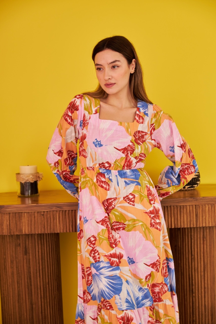 Patterned Linen Dress - Pink