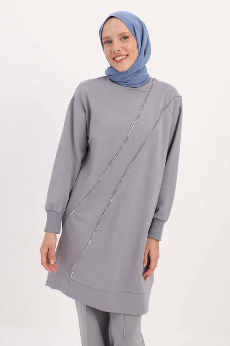 Ornamental Zippered Sweat Tunic - Gray - Allday - Globality Store - Women Clothes Wholesale Turkey