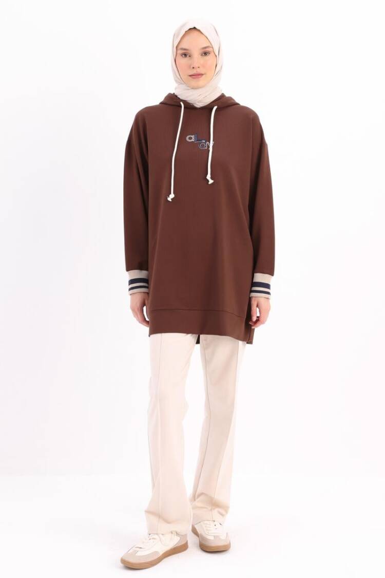 Bitter Coffee Embroidered Cuff Ribbed Sweat Tunic