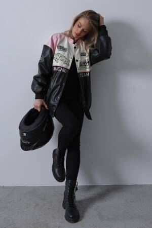 Biker Jacket - Black & Pink & Ecru - Reyon - Globality Store - Women Clothes Wholesale Turkey