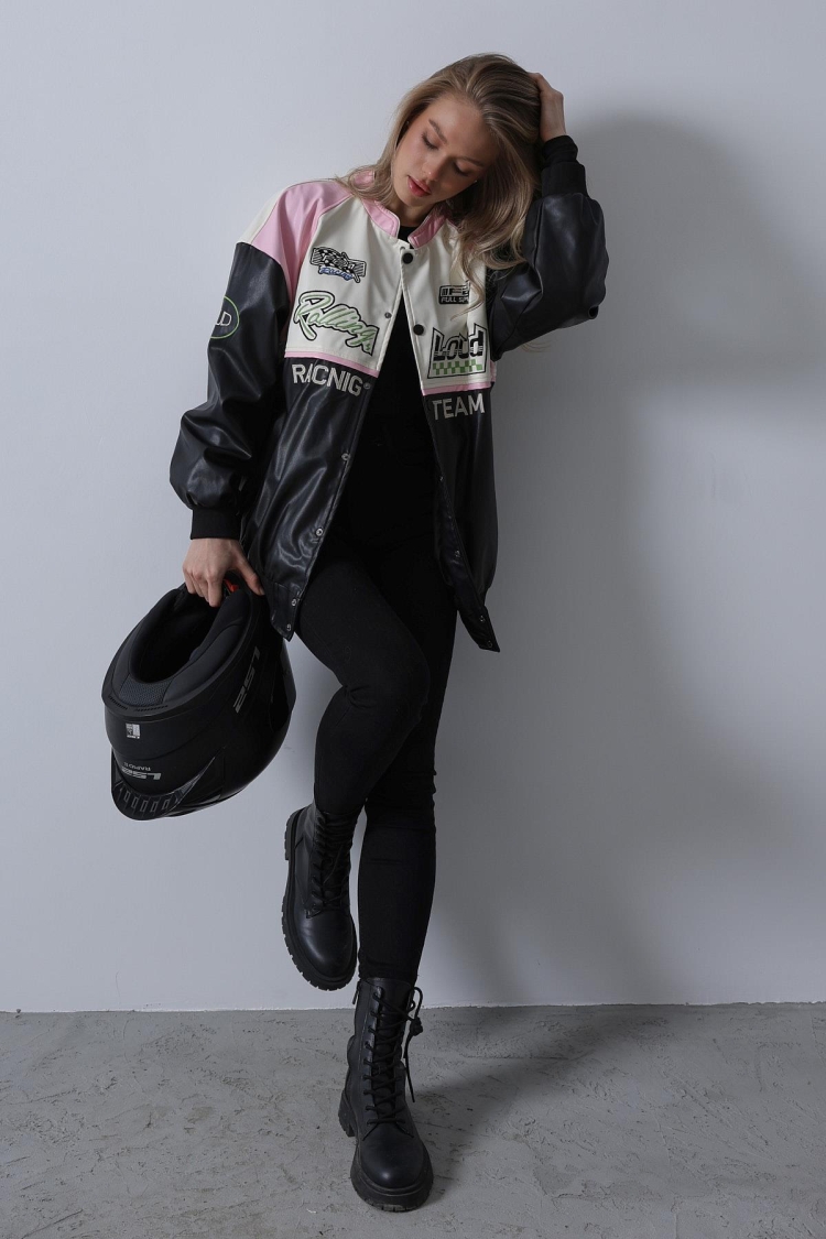 Biker Jacket - Black & Pink & Ecru