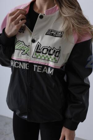 Biker Jacket - Black & Pink & Ecru - Reyon - Globality Store - Women Clothes Wholesale Turkey